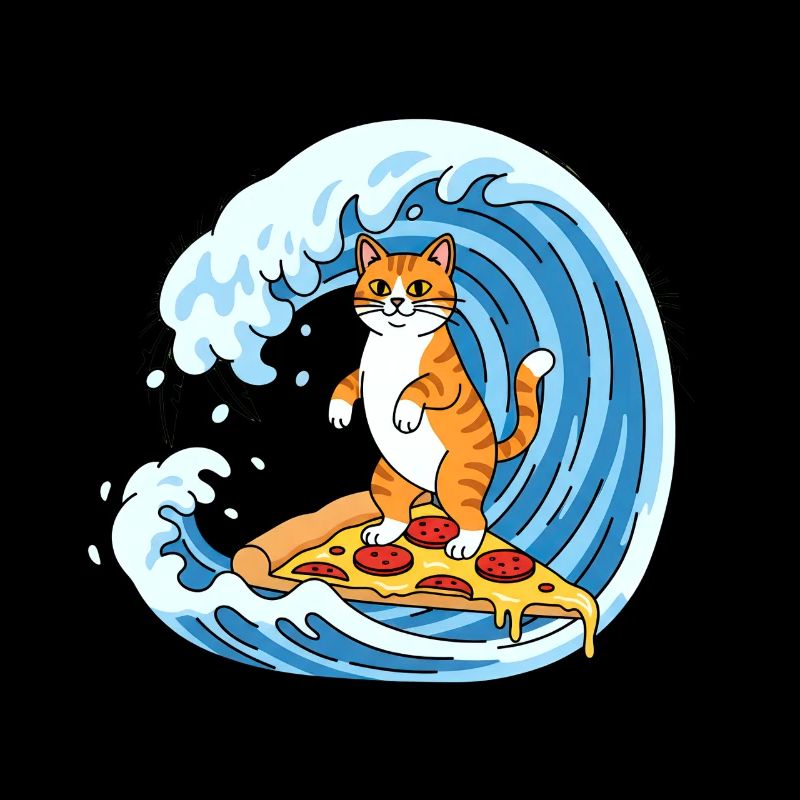 Chat surfeur sur la vague de pizza