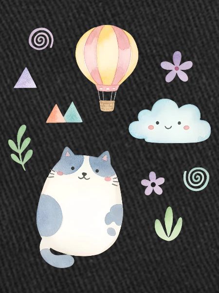 Chat aquarelle mignon et montgolfière