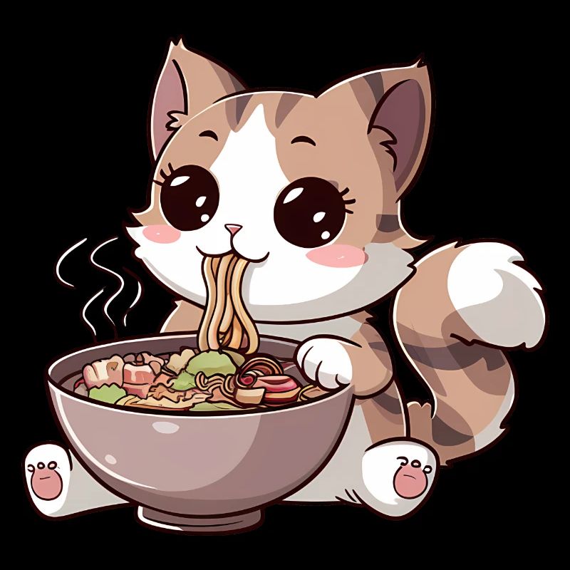 Chat Kawaii mangeant des ramen