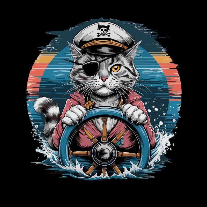 Captain Cat with Pirate Hat at the Wheel in
