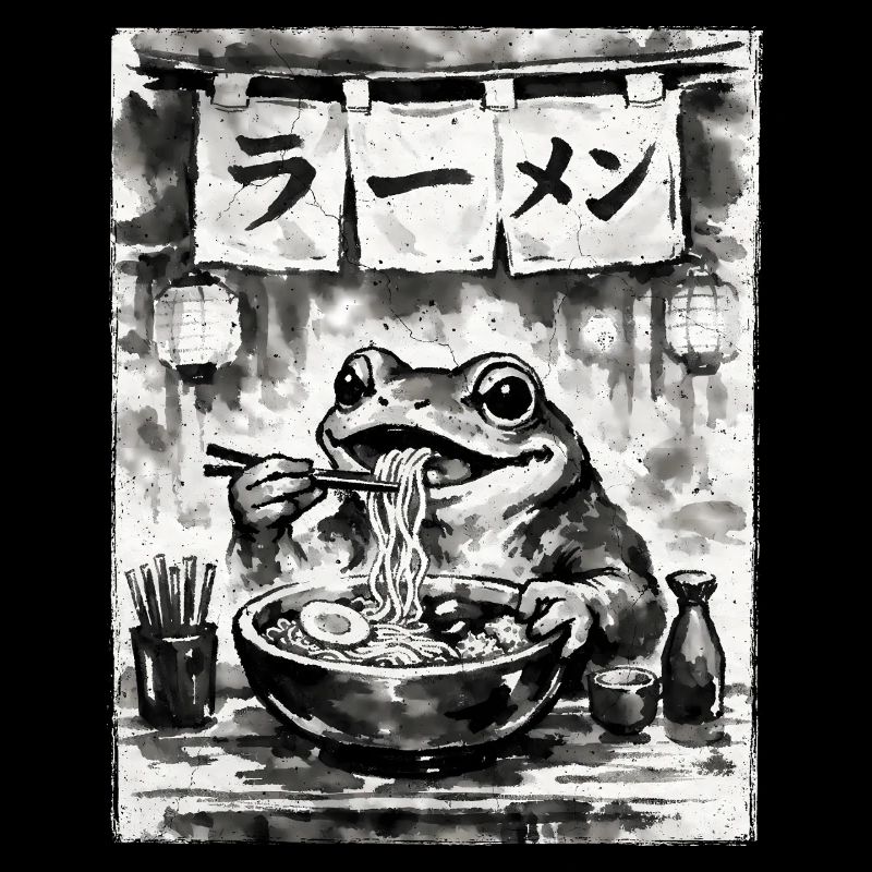 Ramen Noodles Frog Sumi-e Ink Drawing