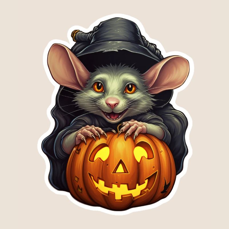 Halloween Rat with Witch Hat and Pumpkin