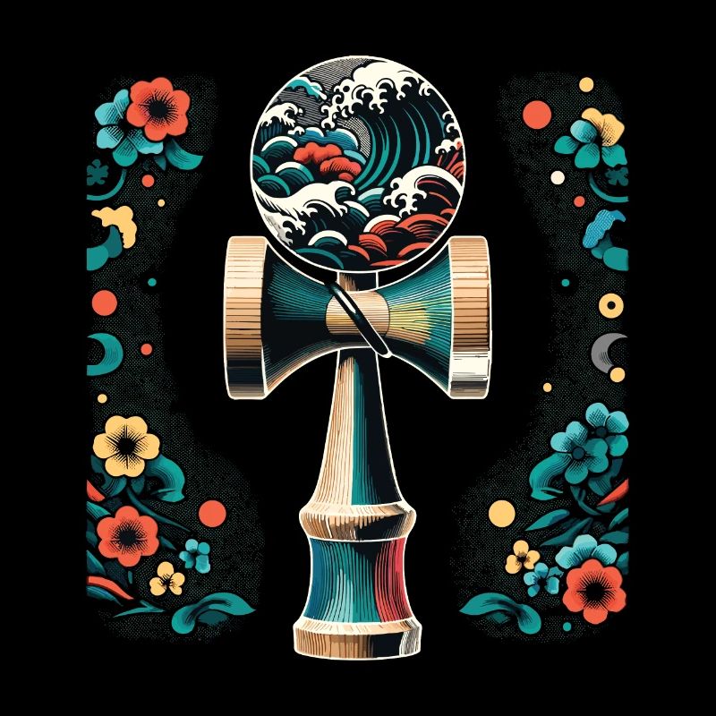 Japanese Kendama Floral Great Wave