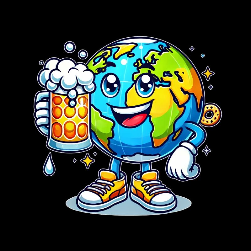 Weltkugel mit Bier Comic Stil lustiges Motiv