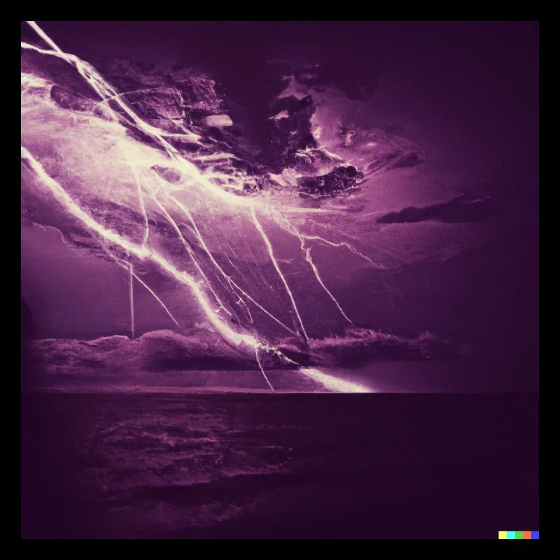 Mer orageuse, éclairs violets à l’horizon