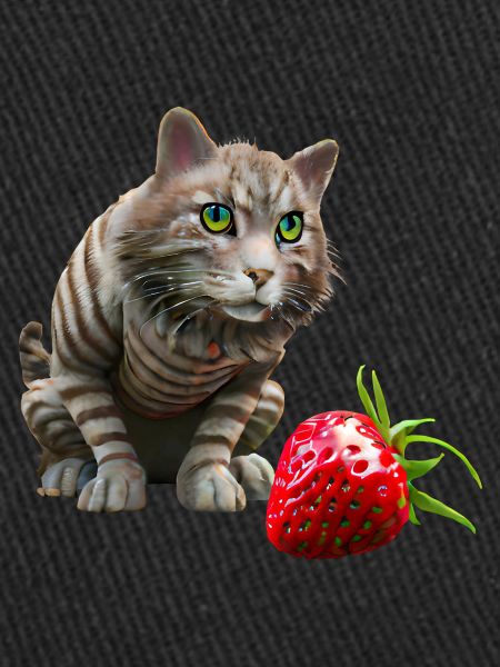 Chat devant une fraise géante