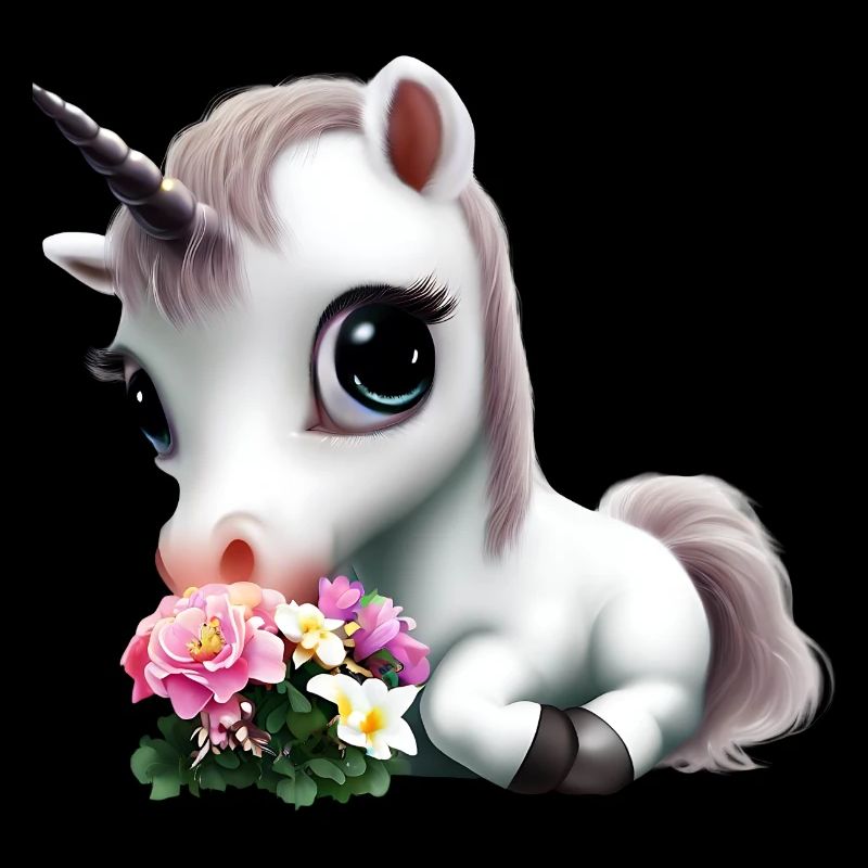 Niedliches Einhorn riecht Blumenstrauß