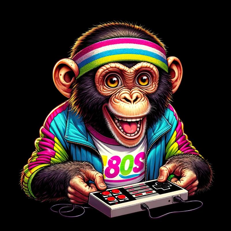 Illustration of a cheerful monkey in retro 80s
