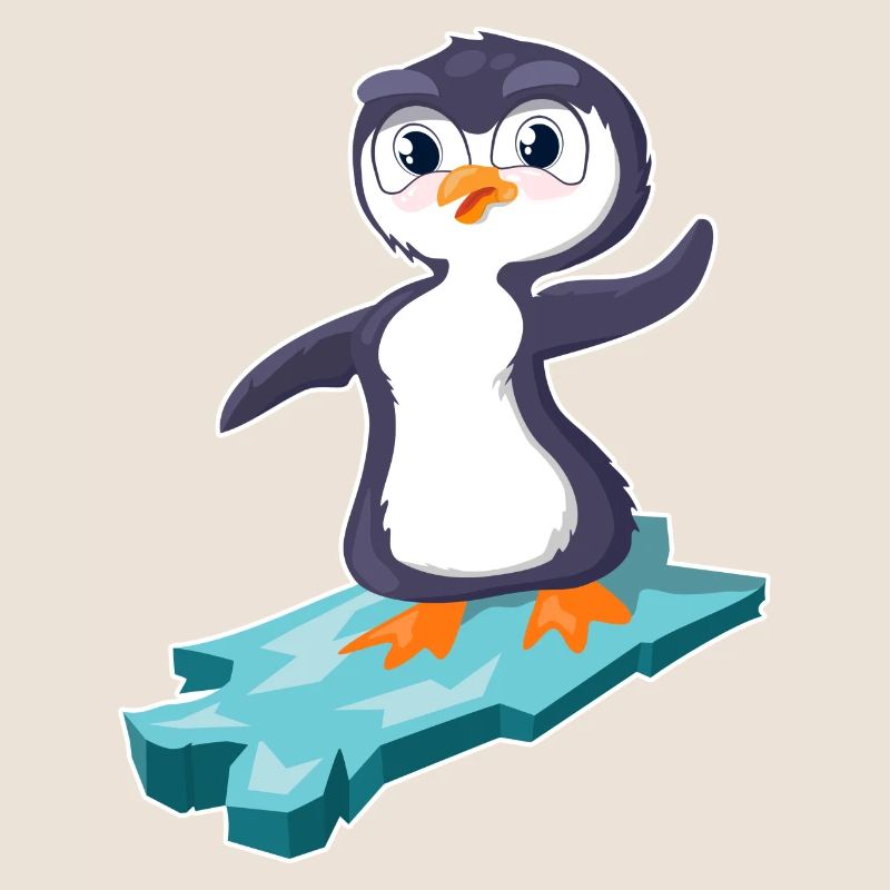 Pinguin surft auf einer Eisscholle