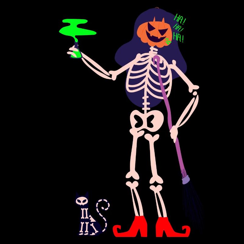 Witch skeleton with poisonous potion and skull cat