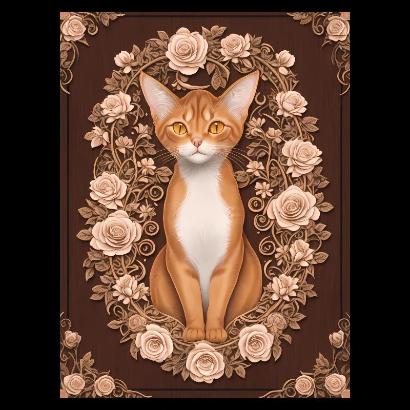 Holzschnitt einer Katze mit Rosenkranz