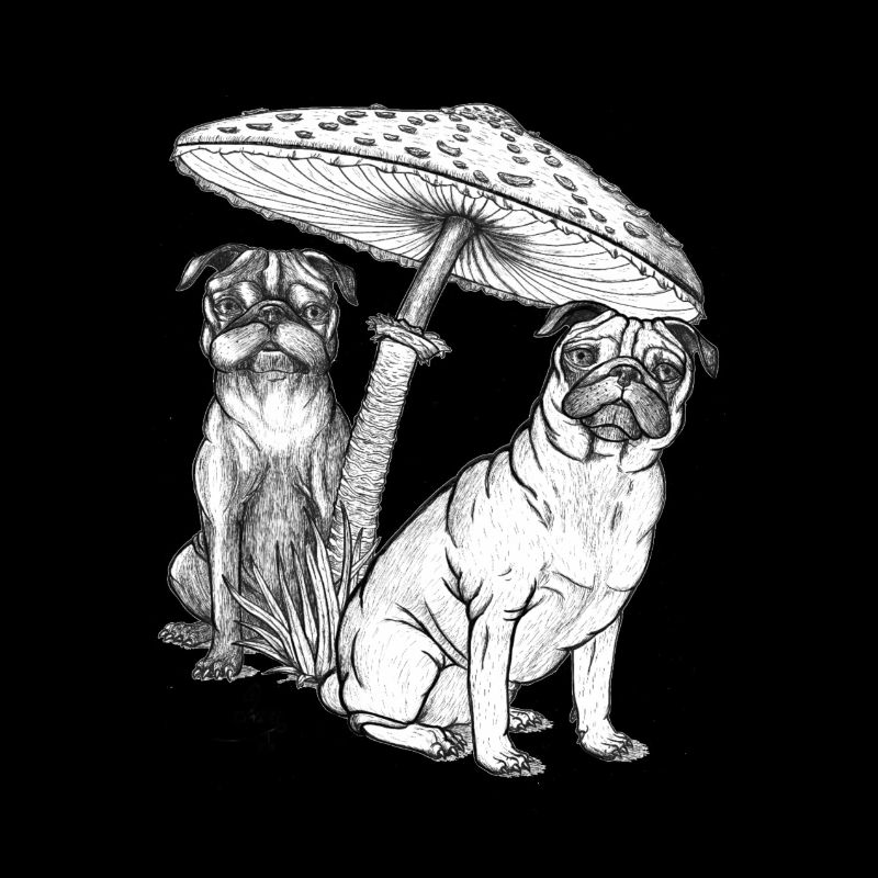 pugs is sitting under a mushrooms