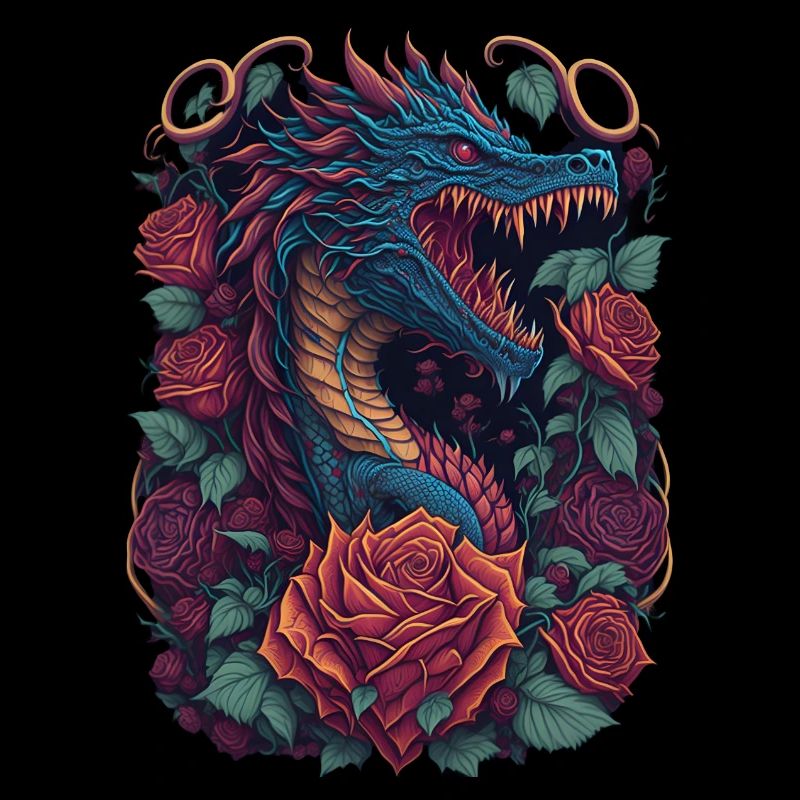 Dragon rouge avec dragon de roses rouges