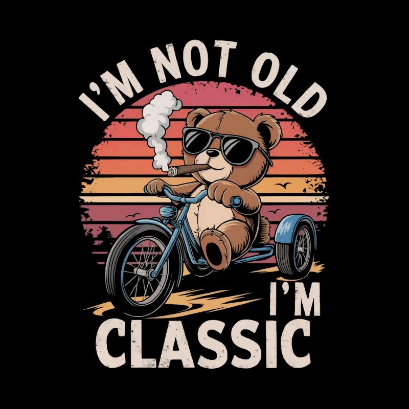 Teddy bear with sunglasses on tricycle with cigar