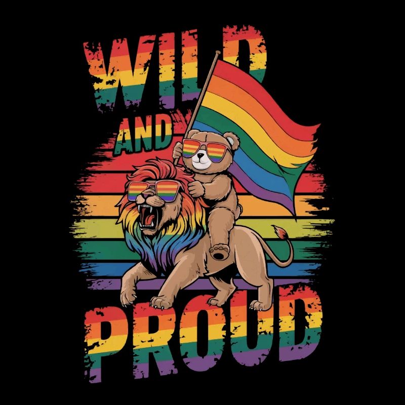 Teddy Bear Rides Lion LGBTQ Rainbow Flag