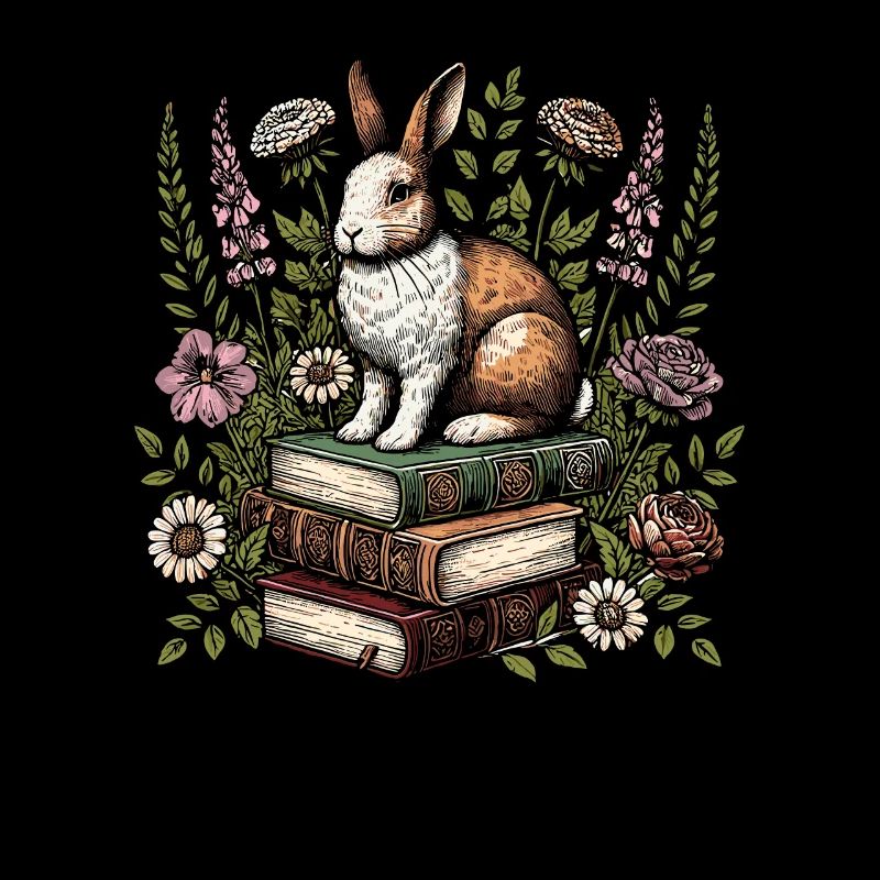 Bunny Rabbit Flower Book Reader Floral Cottagecore