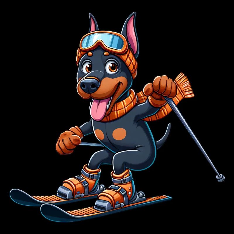 Doberman on skis - winter holiday in comic style