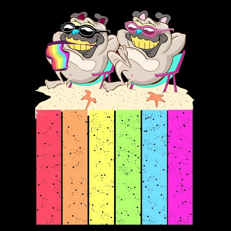 Chiens sur la plage avec le drapeau arc-en-ciel