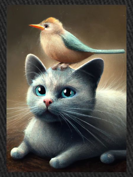 Vogel sitzt auf Katze