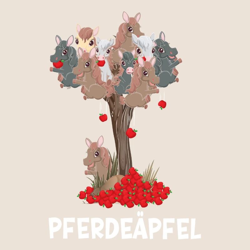 Pferdeäpfel mit Ponys am Baum, Pferde