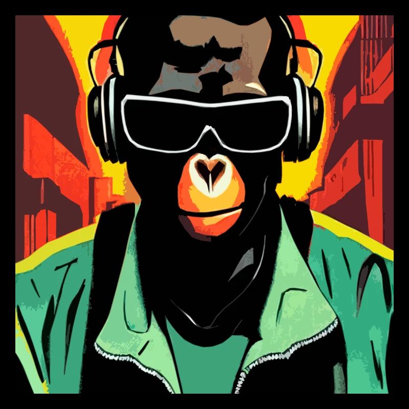 Affe hört Musik mit Kopfhörern