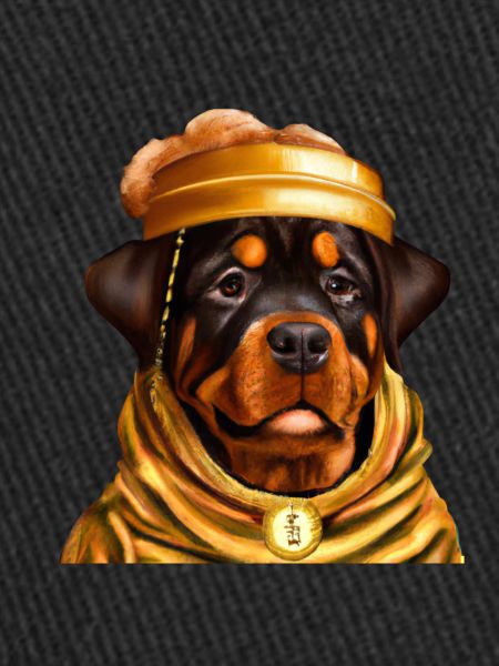 Rottweiler goldenem Bademantel Bitcoin Gold Mütze
