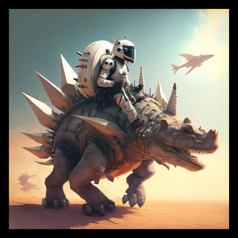 Astronaut riding robotic stegosaurus