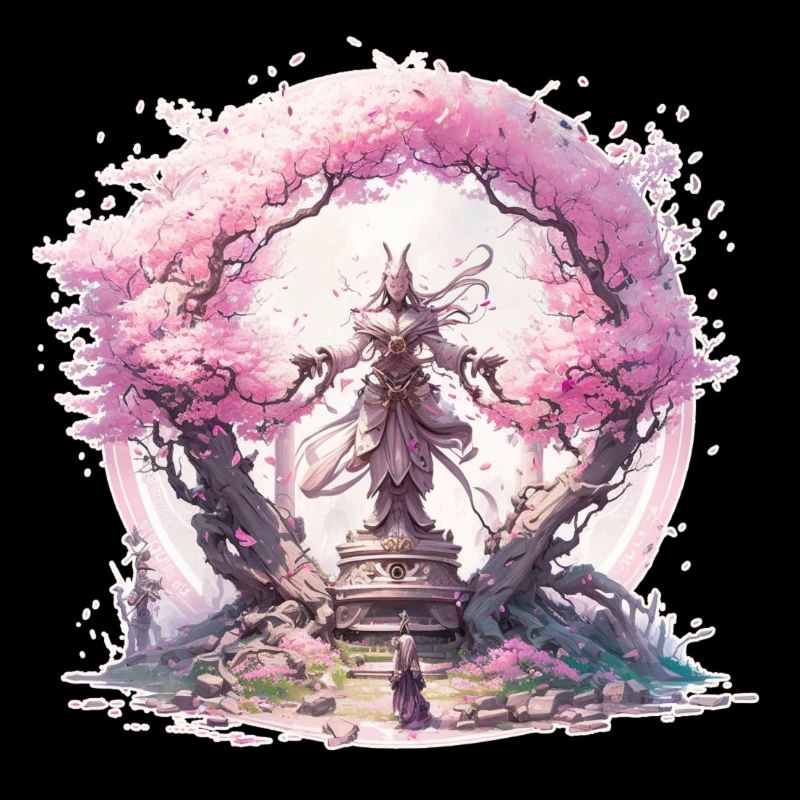 Statue sous un cerisier en fleur