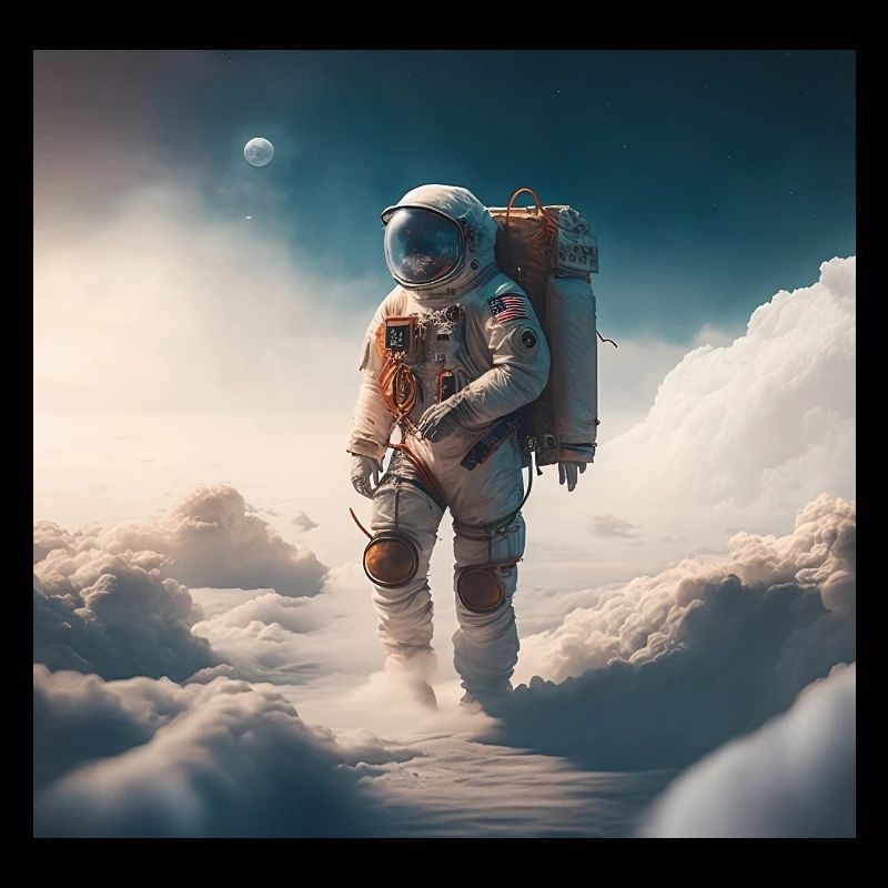 An astronaut walking on clouds