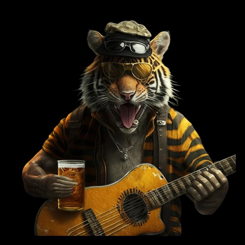 Rocker Tiger mit Gitarre und Bier