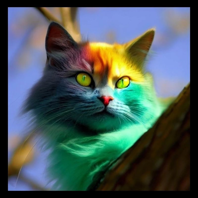 Chat multicolore sur un arbre