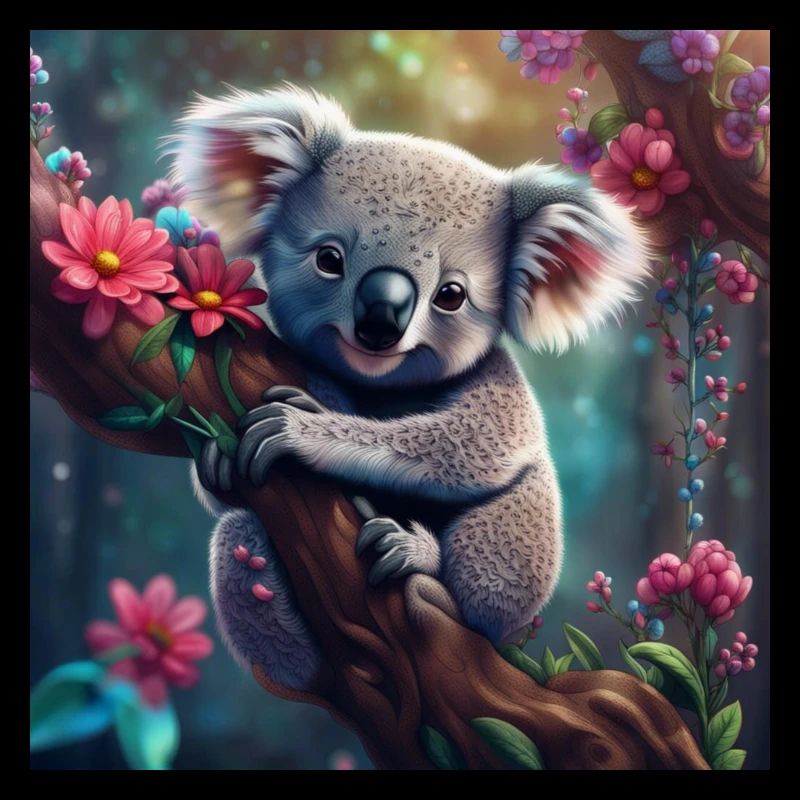 Koala bear in tree with flowers