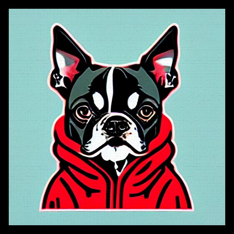 Boston Terrier dans un sweat à capuche rouge