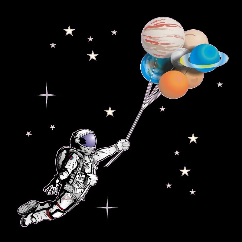 Astronaute avec des ballons en forme de planètes