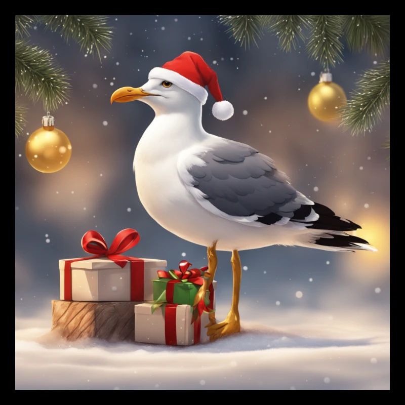Proud seagull with red wool hat at Christmas