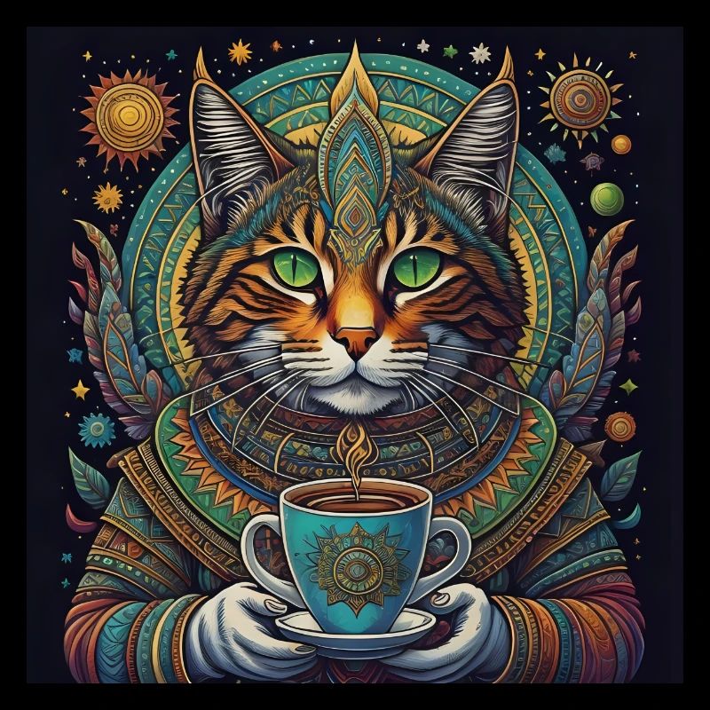 Katzen-Gottheit mit Kaffe im All