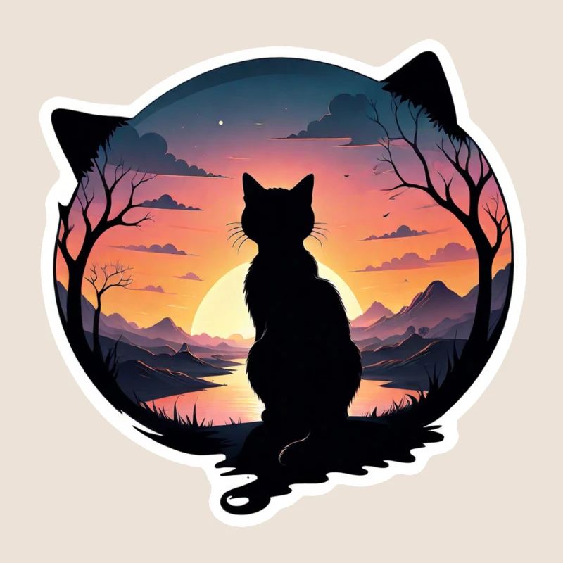 chat paysage et coucher de soleil