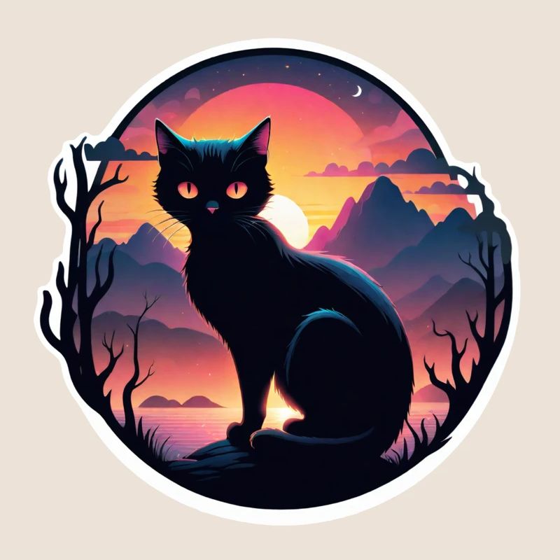 chat paysage et coucher de soleil