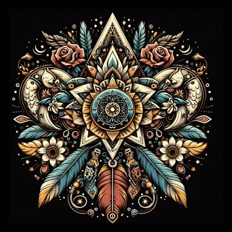 Mandala avec des fleurs et des plumes