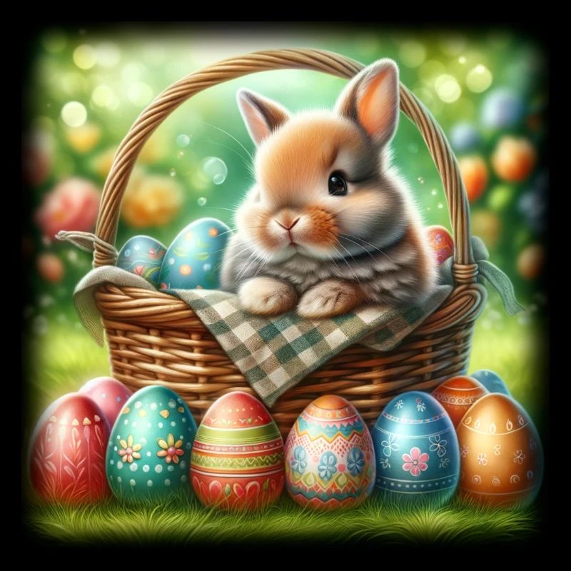 A cute bunny sits in a basket