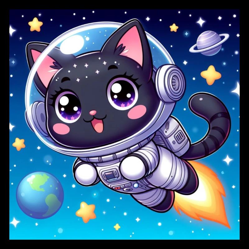 Cute space cat with jetpack in space