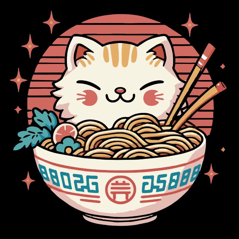 Chat Kawaii Mignon mangeant des Ramen - 1