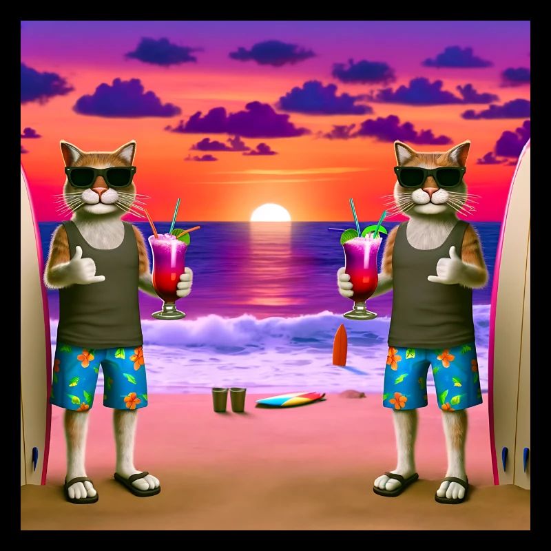 Gato Loco Surfdudes Chat Chats Plage Coucher De Soleil