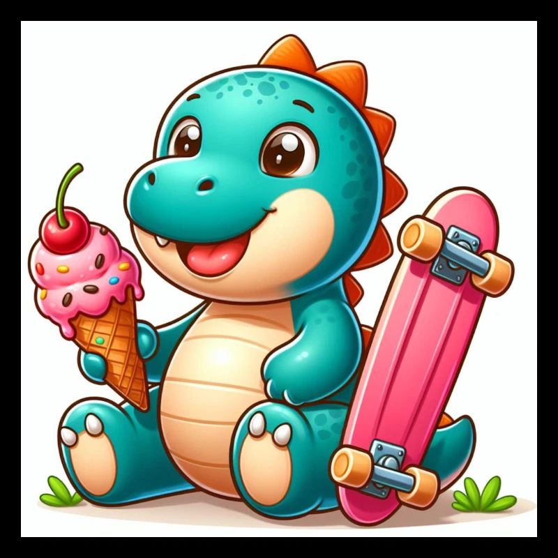 Türkis Dino mit Eiswaffel und Skateboard