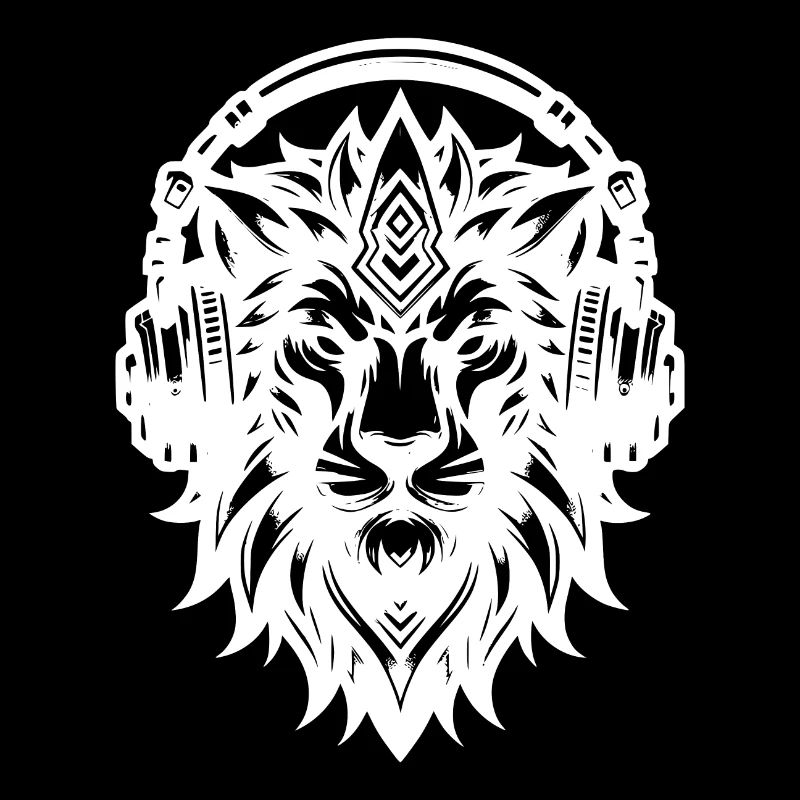 Tête de lion tribal avec écouteurs