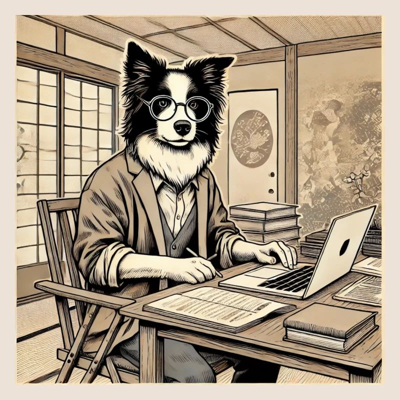 Border Collie am Schreibtisch - Ukiyo-e Stil