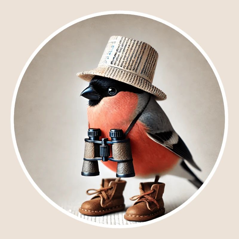 Dompfaff mit Fernglas