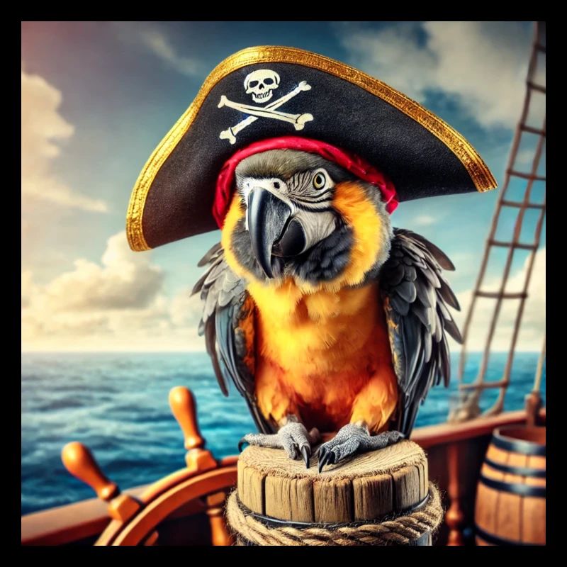 Bunter Papagei mit Piratenhut auf einem Schiff.