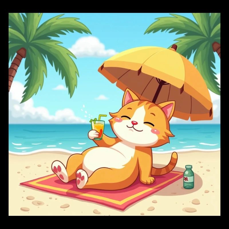 Chat sur la plage au soleil avec boisson - dessin animé