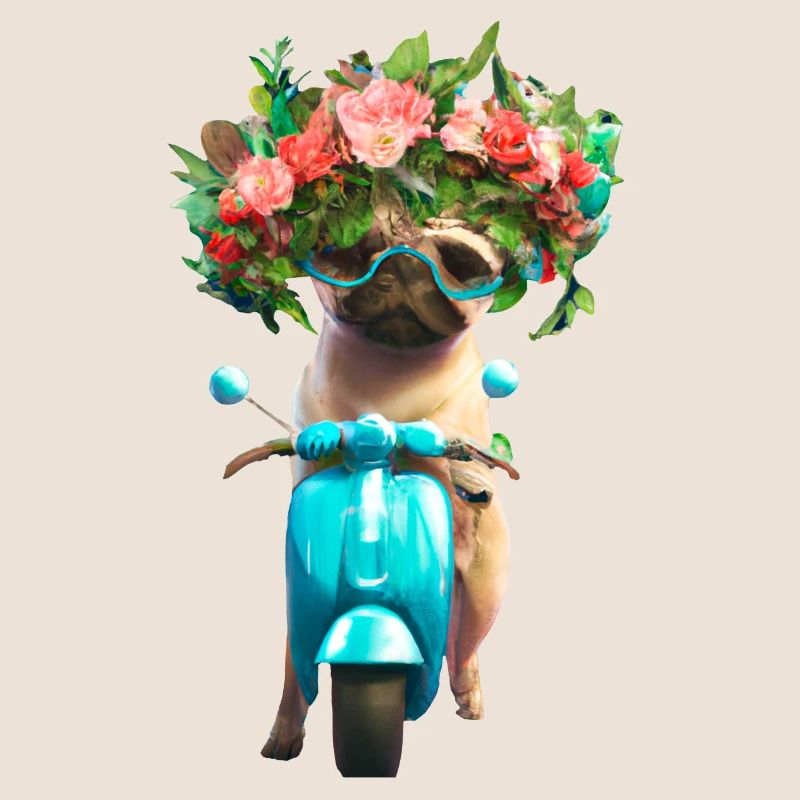 E-scooter pug with flower wreath